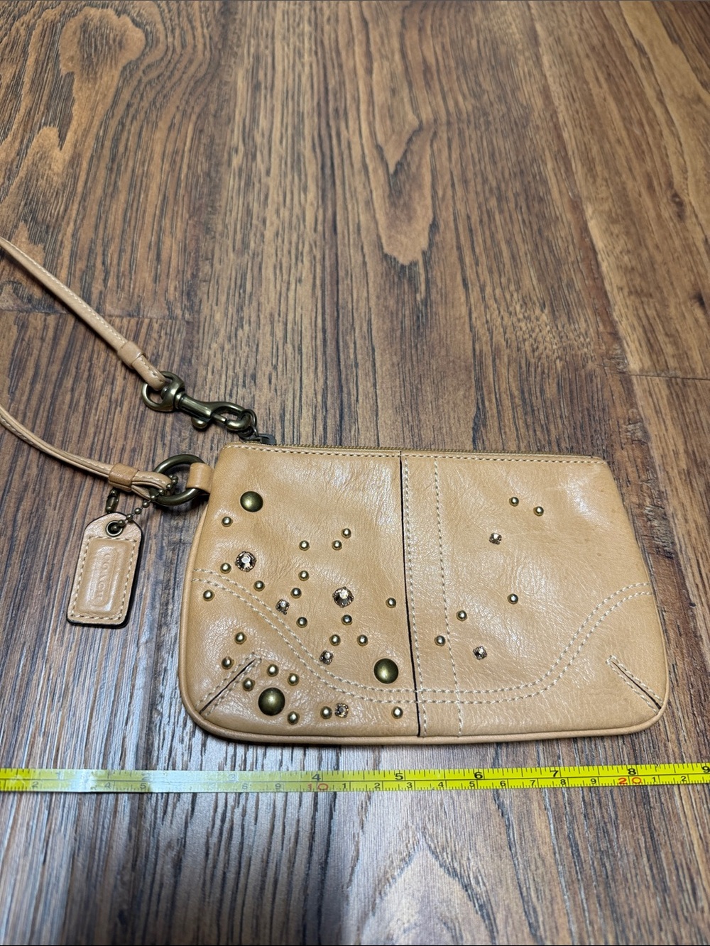 Coach Tan Studded Leather Wristlet with Brass Accents